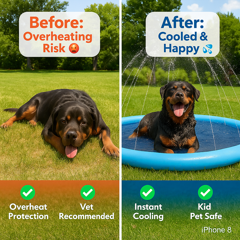 Dog cooling off in a pool with text indicating before and after scenarios and product features.