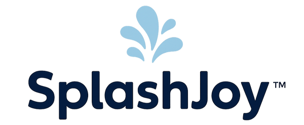 SplashJoy logo with blue water droplet icon on a white background