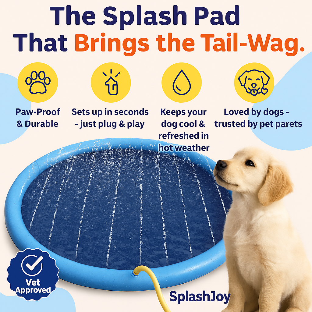 Splash pad for dogs with features listed and a dog looking at it.